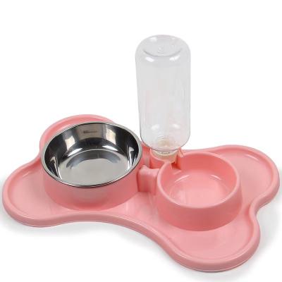 China Automatic Pets Dogs Cats Water Dispenser Double Food Bowl Pet Bowls With Bottle Set Double Water And Food Bowl Set for sale