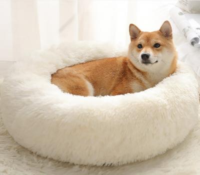 China Custom Travel Good Quality Round Faux Long Fur Pet Bed Non-Slip Outdoor Cat Dog Bed Maker for sale