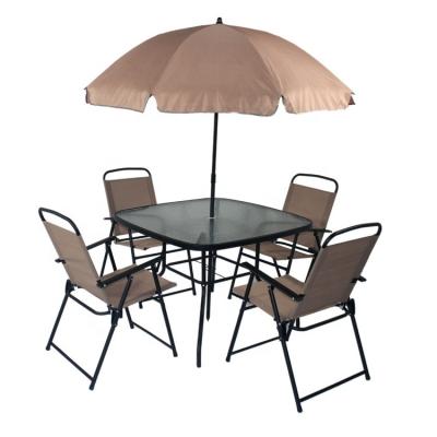 China Modern Leisure 6pcs Ways Outdoor Luxury Metal Patio Balcony Dining Garden Furniture Sets With Umbrella for sale