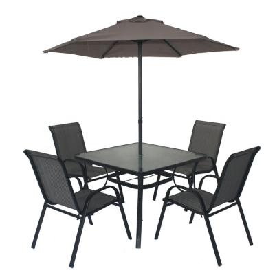 China Modern 6 Pcs Set Outdoor Bisto Garden Furniture Fold Chair And Round Tempered Table With Patio Umbrella for sale