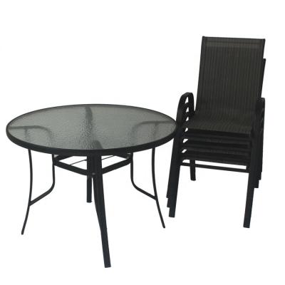 China Traditional Modern Garden Furniture Outdoor Steel Frame 5pcs Dining Dining Table And Round Chairs for sale