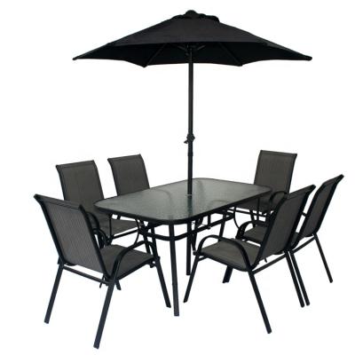 China Traditional Outdoor Patio Dining Steel Table And 6 Stackable Chairs Garden Bistro Furniture Set With Umbrella for sale