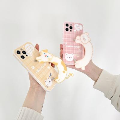 China New Unique Cartoon Kitty Love Heart Side Phone Case with Hand Strap for 12 Girls Cute Cover for 11/7/8/XS/X/XR/MAX for sale