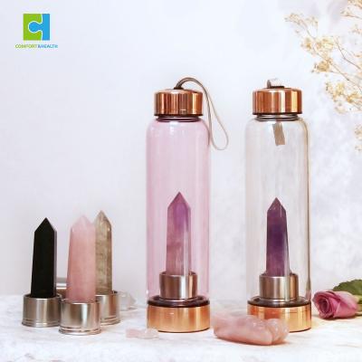 China Sustainable High Borosilicate Rose Gold Crystal Infused Water Bottles with Rose Quartz for sale