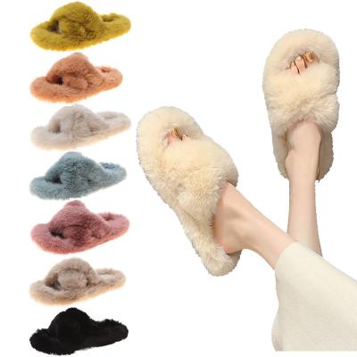 China Fashion Trend Comfortable Fuzzy Slippers Soft Winter Fur Women's Fuzzy Fluffy Slippers Indoor Home Slides Cross Fuzzy Slippers For Women for sale