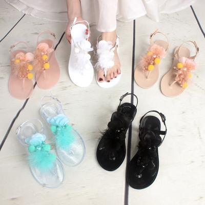 China Simple leisure women's fashion summer trend lady Crystal Jelly PVC flat sandals pearl flower outdoor beach transparent sandals for sale