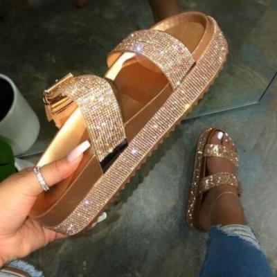 China Fashion Trend Good Quality Women's Black Flat Sandals Summer Beach Shoes Custom Rhinestone Slippers For Ladies Glitter Sandals Women for sale