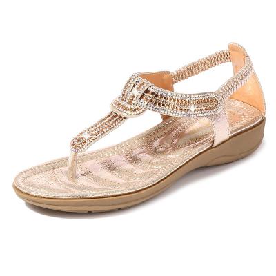 China Fashion trend shopify women's rhinestone T-strap sandals ankle strap summer beach flat shoes for sale