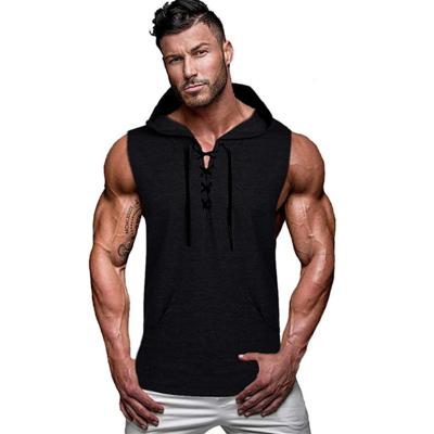 China 2022 QUICK DRY men's tank top polyester solid color sports hooded lace up sleeveless T-shirt custom tank top men QUICK DRY for sale