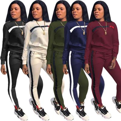 China Breathable Custom Women Patchwork Stripe Sweatsuit Round Neck Two Piece Pullover and Skinny Long Pants for sale