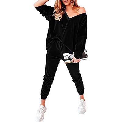 China Breathable Custom Women's 2 Pieces Off One Shoulder Sweatshirt Jogging Set Velvet Sweatsuit for sale