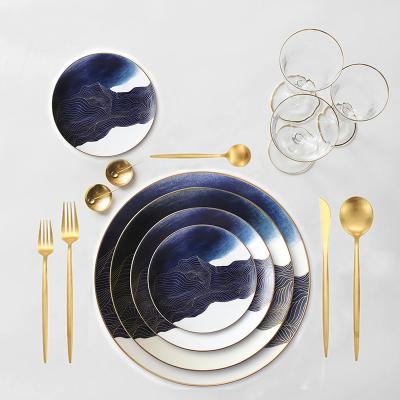 China Viable Creative High End White And Blue With Gold Rim Ceramic Plate Bone China Dinnerware Sets For Weddings Restaurant Dinner for sale