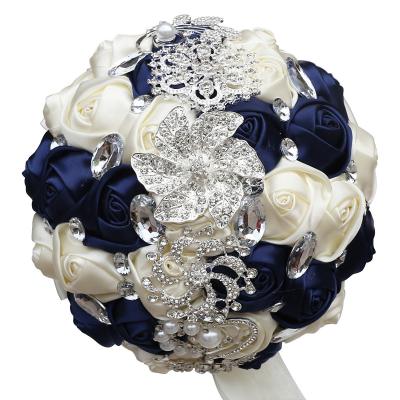 China Modern Navy Blue and Ivory Hand Made Silk Bridal Artificial Flowers With Rhinestone Pearls 18cm Round Luxury Wedding Bouquets for sale