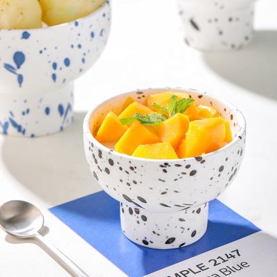 China Creative Viable White And Splash High Porcelain Ball Cup In Blue Black Ink Ice Cream Coffee Tea Cup For Desserts Yogurts for sale