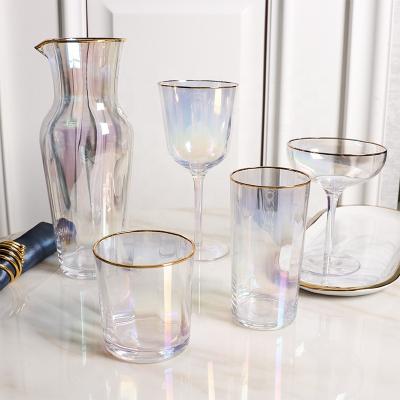 China Gold Plating New Modern Ribbed Colored Crystal Wine Glass With Iridescent Gold Edge Cocktail Glass Pitcher Water Jar Bottle Drinkware Set for sale