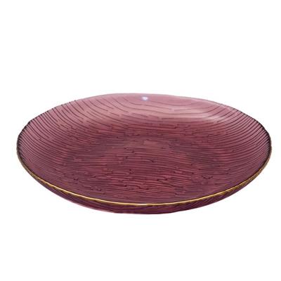 China Viable romantic purple Crystal Glass Charger Plate with gold water wave pattern edge hammered dinnerware dish and bowl set for sale