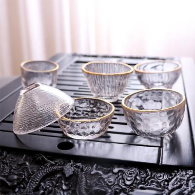 China 2021 Viable New Edge Gold Hammered Tea Coffee Sets Japanese Tableware Drinkware Small Tea Cup Ribbed Glass Cup Tumbler for sale