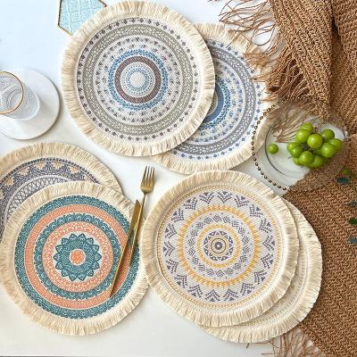 China Sustainable Boho Printing Non Slip Heat Resistant Cotton Macrame Coasters Table Mats With Tassel For Pot Dishes Plate Vase Bohemian Place Mat for sale