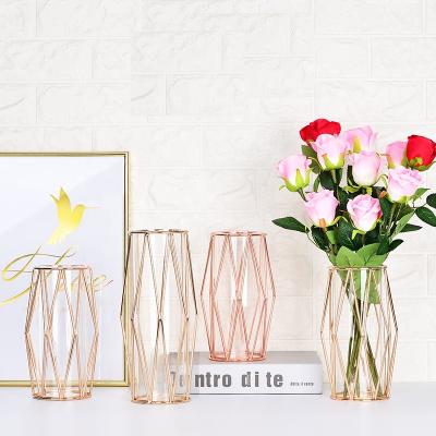 China Nordic Minimalist Clear Modern Luxury Plant Rhombus Rose Gold Wedding Metal Crystal Glass Flower Vases For Home Decor for sale