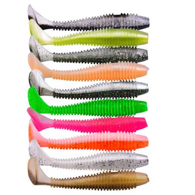 China 10pcs one tail available 634522563807 Bass Pike Aritificial Silicone Swimbait T Wobblers Shad Worm Soft Bait Jigging bag 10 colors for sale