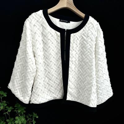 China Anti-wrinkle hand crimped stitched beaded white solid heavy hand short coat for sale