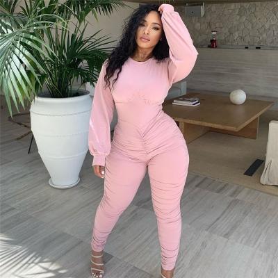 China 2022 Spring Sleeve Sexy One Piece Washable Long Ruched Lady Clothes Workout Jumpsuit Stacked Pants Bodycon Overalls For Women - LF for sale