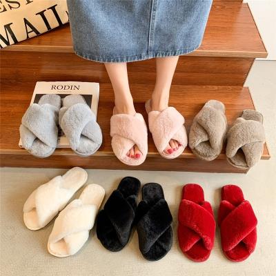 China Amazon Hot Selling Dropshipping Women's Fashion Fuzzy Cross Open Toe Fur Soft Indoor Fluffy Cushioning Slips Comfortable for sale