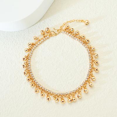 China Other Adjustable Summer Custom Double Zircon Tassel Anklet 24K Gold Bell Charm European Layered Anklet Chain Small for sale