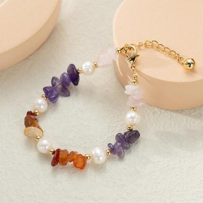 China FASHIONABLE Exquisite Women Chip Natural Stone Bracelets Popular Colorful Diverse Healing Engrave Girls Crystal Gemstone Bracelet For Madam for sale