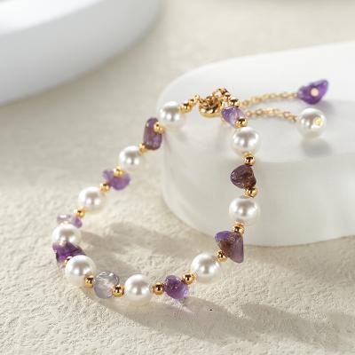 China FASHIONABLE Custom Natural Freshwater Pearl Amethyst Healing Gemstone Quartz Quartz Bead Charms Adjustable Bracelet Jewelry for sale