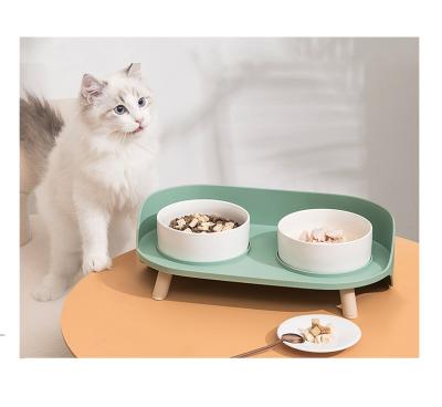 China Ceramic Bowl Sofa Table Pet Double Bowl Cat Feeding Bowl Automatic Anti-rollover Neck Guard for sale