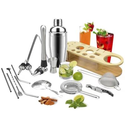 China Amazon Success Modern Bartender Kit Stainless Steel Bar Tool Set Cocktail Shaker Bar Set With Bamboo Stand for sale