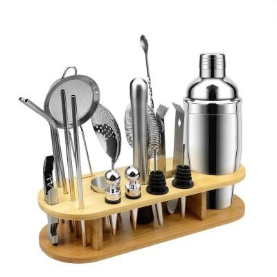 China Modern Bartender Silver 750Ml Shaker Kit With Bamboo Stand Manufacturer Accessories Tools Stainless Steel Bar Cocktail Gift Set-18pcs for sale