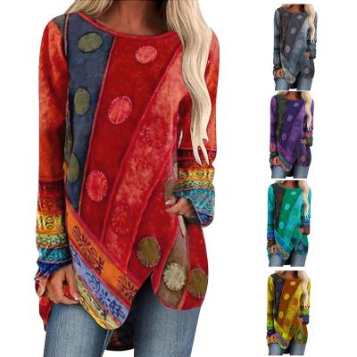 China Anti-pilling lace stitching loose long sleeve plus size shirt topblouse plain for women retro printing irregular long sleeve casual ts for sale