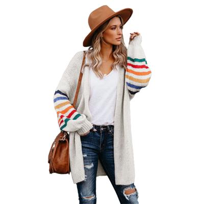 China Autumn And Winter Loose Design Multicolor Striped Sleeve Women's Striped Balloon Knitted Cardigan Breathable Sweater for sale