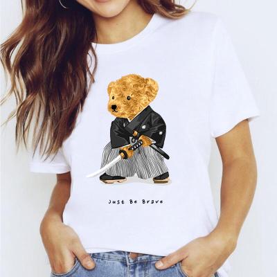 China Creative Cartoon Anti-Wrinkle Personality Teddy Bear Print Solid Color Neck T-shirt Samurai Short Sleeve Round Women for sale