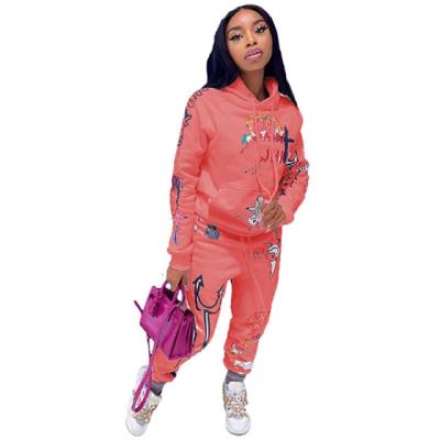 China New Winter Fleece Women's Floral Printing Jogging Women's Custom Streetwear Hoodie Waterproof 2 Piece Set for sale