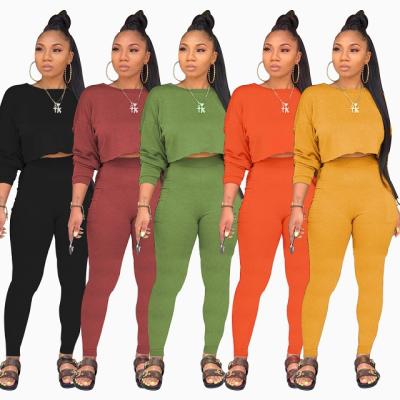 China Waterproof Pure Round Neck Fashion Color Sweater Pocket Long Sleeve Pants Suits Spring Women's Two-piece Clothing for sale