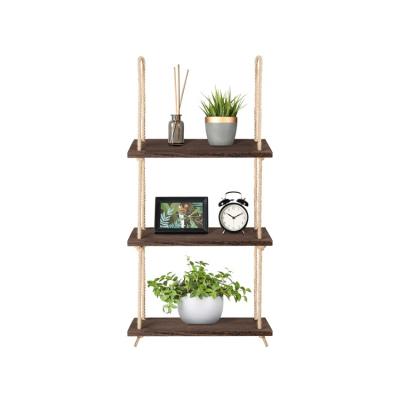 China Rustic Wood Art Decoration Products Wooden Wall Hanging Decor New 3 Tier Wooden Hanging Shelves String Decorative Shelves for sale