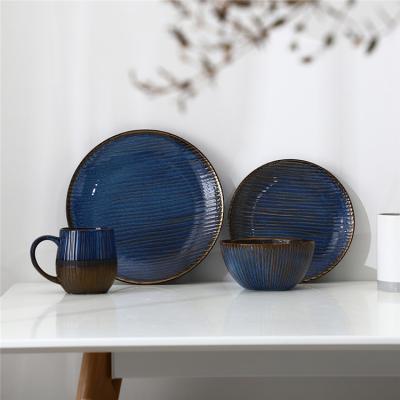 China Viable Custom Unique Striped Decorative Home Banquet Wedding Restaurant Relief Porcelain Antique Blue Dinner Set of 4 for sale