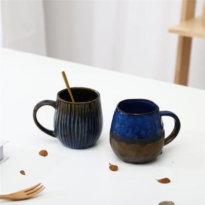 China Cheap Unique Antique Blue Coffee Tea Milk Tea Relief Stripe Viable Hot Selling Porcelain Ceramic Mug With Custom Logo for sale