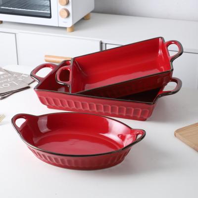 China Sustainable Heat Resistant Kitchen Red Color Personalized Nonstick Ceramic Bakeware Bakeware With Handle for sale