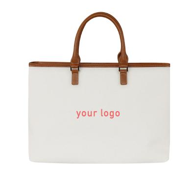 China Fashion Premium Plain Fiber Canvas Tote Bag Thick Bamboo Weekend Vibraphone Bag With Leather Handle Custom Logo for sale