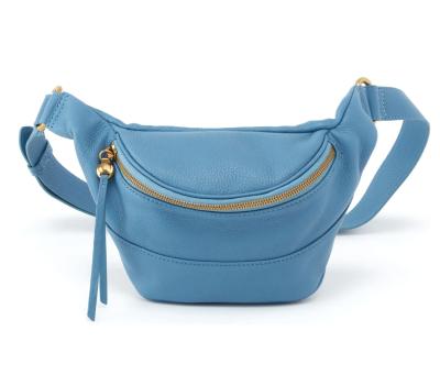 China Luxury Leather Soft Leather Pillow Shape Dusty Blue Waterproof Fanny Pack Waist Bag Women for sale