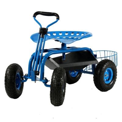 China Yard Working Garden Cart Rolling Scooter with Extendable Swivel Ox Handle Seat and Utility Tool Tray Blue for sale