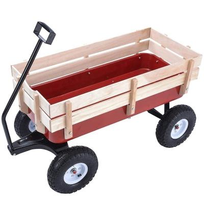 China Yard Yard Cart and Wagon with Steel Wheels Wood Sides Fencing Red Kids Wagon Heavy Duty 330 Pounds Capacity for sale