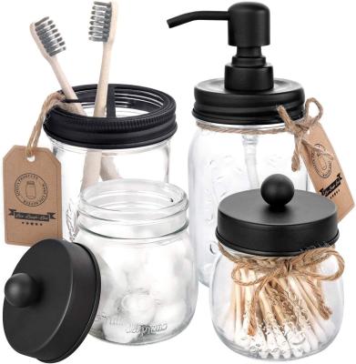 China Rustic Farmhouse Viable Restr of Mason Jar Bathroom Accessories Set 4 - Mason Jar Soap Dispenser and 2 Apothecary Jars and Toothbrush Holders - for sale