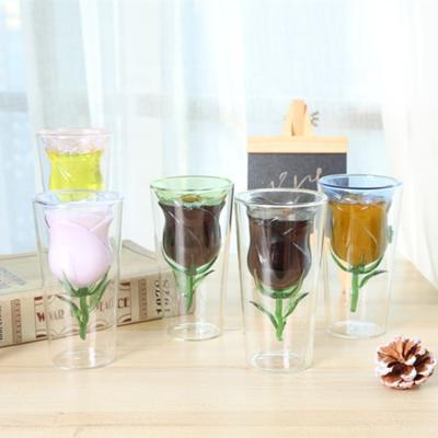 China Creative Double Wall Tea Coffee Juice Drinks Sustainable High Quality Colorful Rose Glass Mug for sale