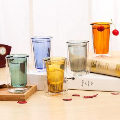 China High Quality 200ml Viable Colored Creative Juice Drink Coffee Tea Double Wall Twill Glass Mug for sale