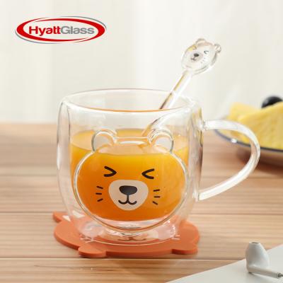 China Creative New Design 280ml Double Animal Transparent Glass Mug With Handle for sale